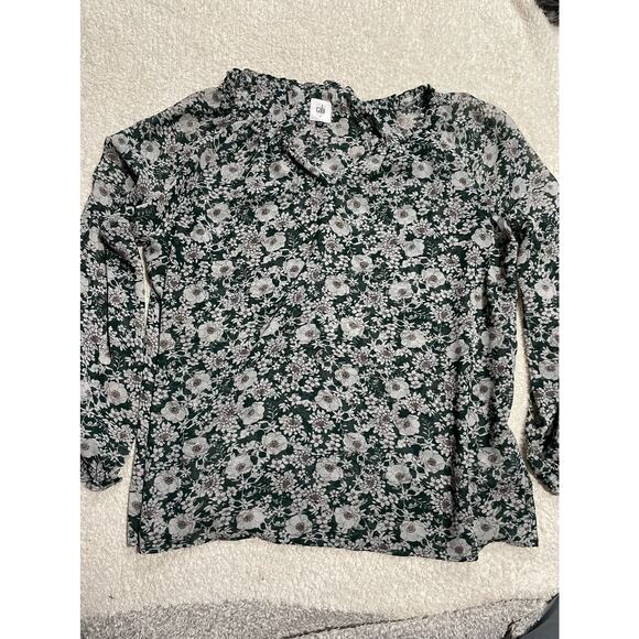 CAbi Women's Size Medium Split Neck Floral Peasant Long Sleeve Top Green Gray - Picture 1 of 9